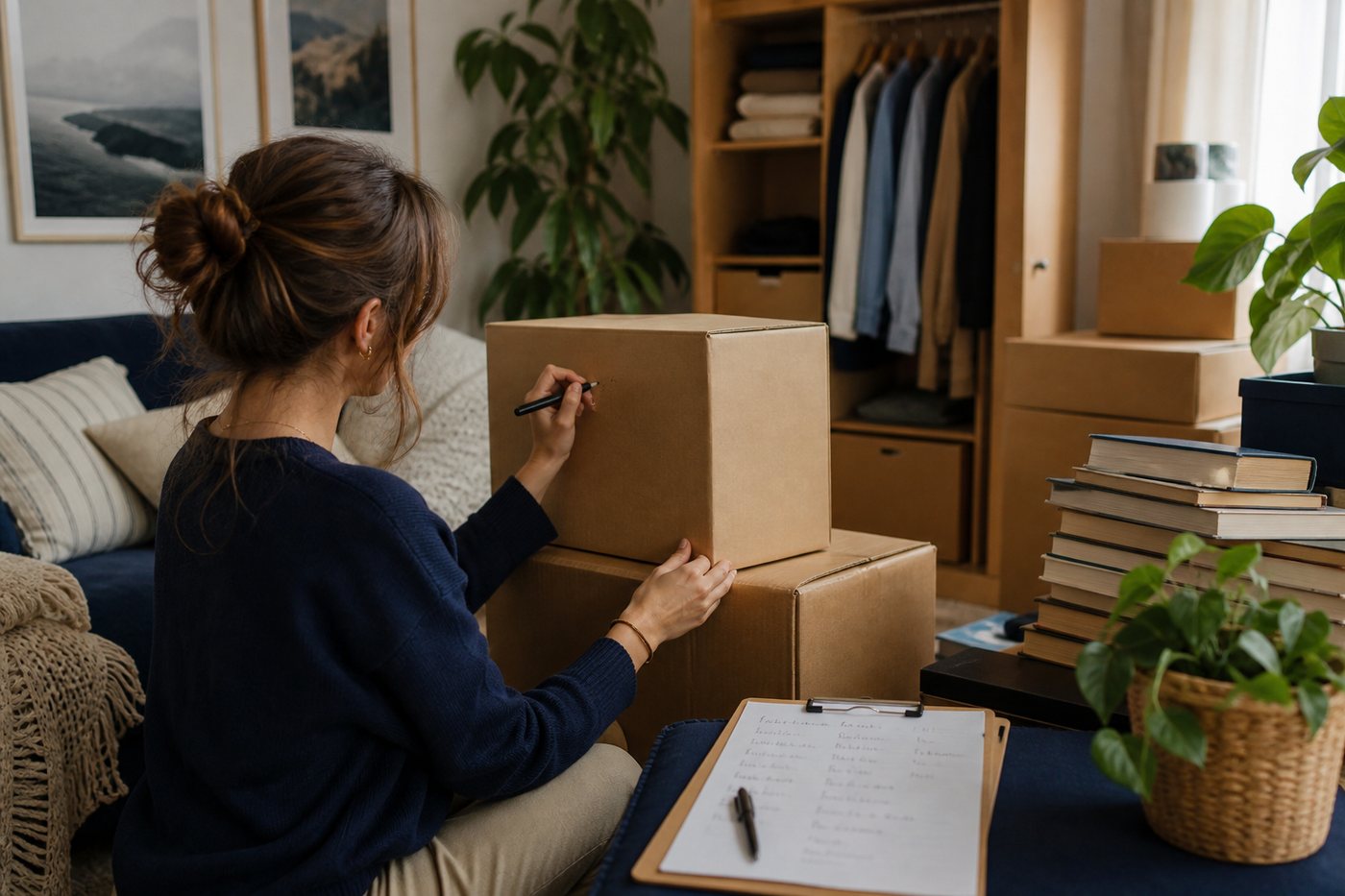 Labeled moving boxes and a handwritten inventory in a living room