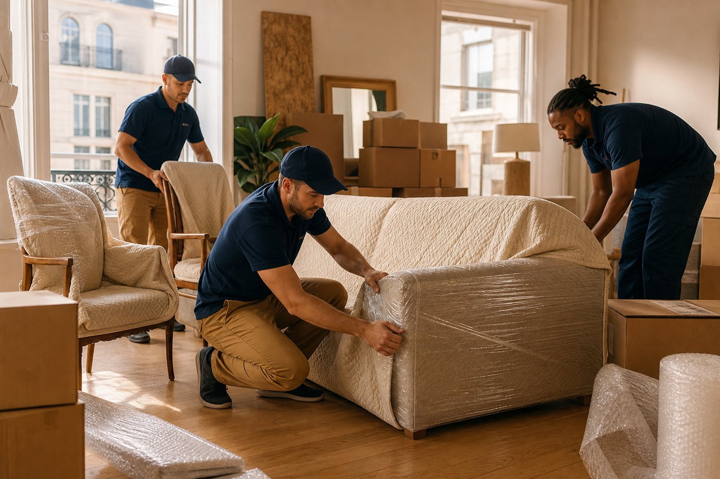 Movers wrapping furniture for a long, hot sea journey to Dubai