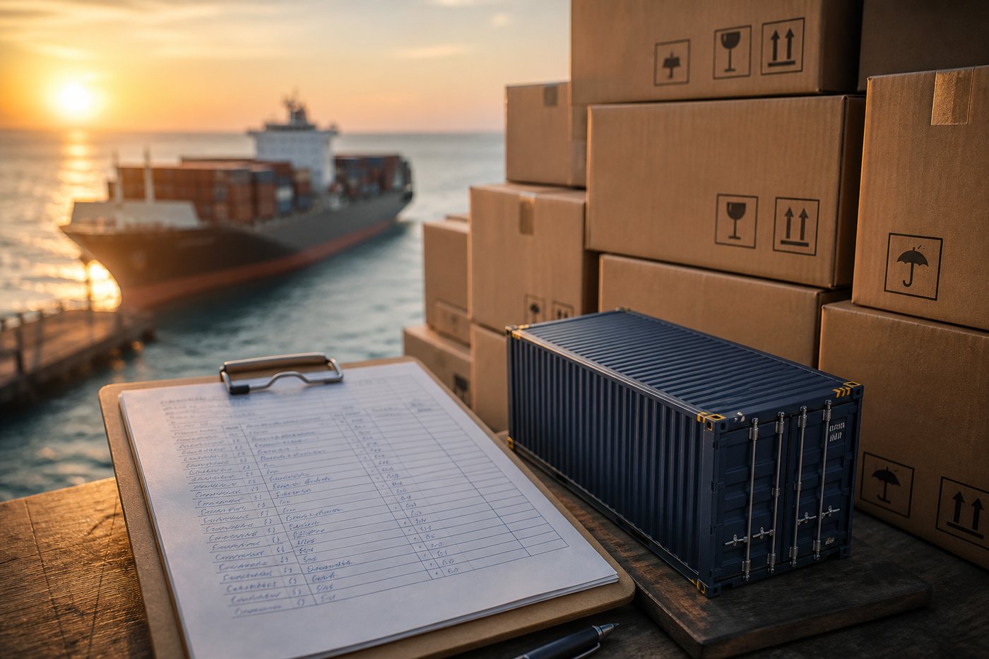 Labeled moving boxes beside a shipping container model, with a cargo ship in the distance