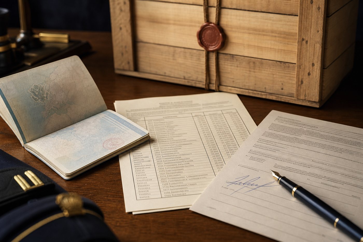 Passport, inventory list and a signed declaration next to a sealed shipping crate