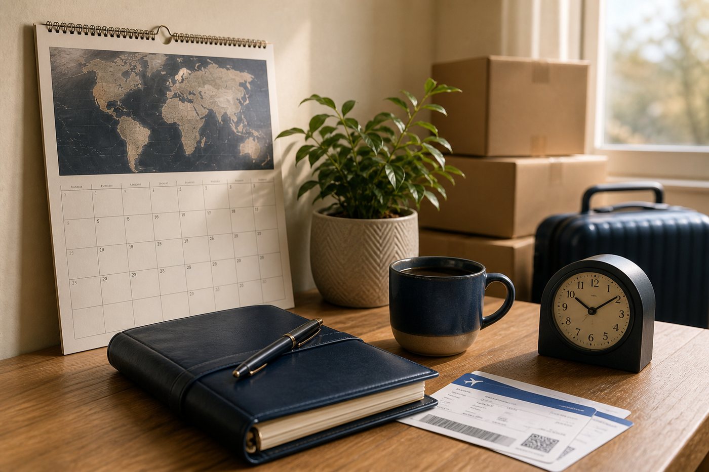 A planner, calendar, boarding passes and packed boxes on a desk