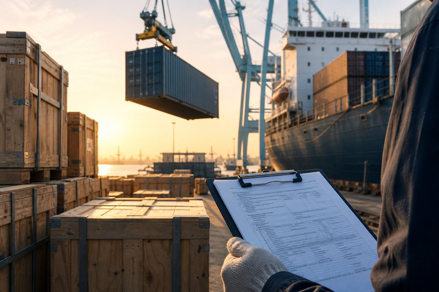 A shipping container being lifted at port with customs paperwork in the foreground